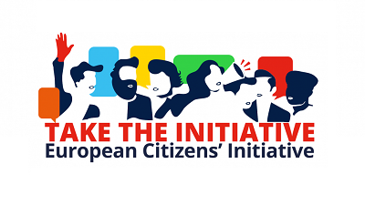 Profili di persone stilizzati, in colore blu scuro, sullo sfondo di macchie colorate azzurre, gialle, versi e rosse, con sotto la scritta "take the initiative" in rosso e "European Citizen Initiative" in blu scuro