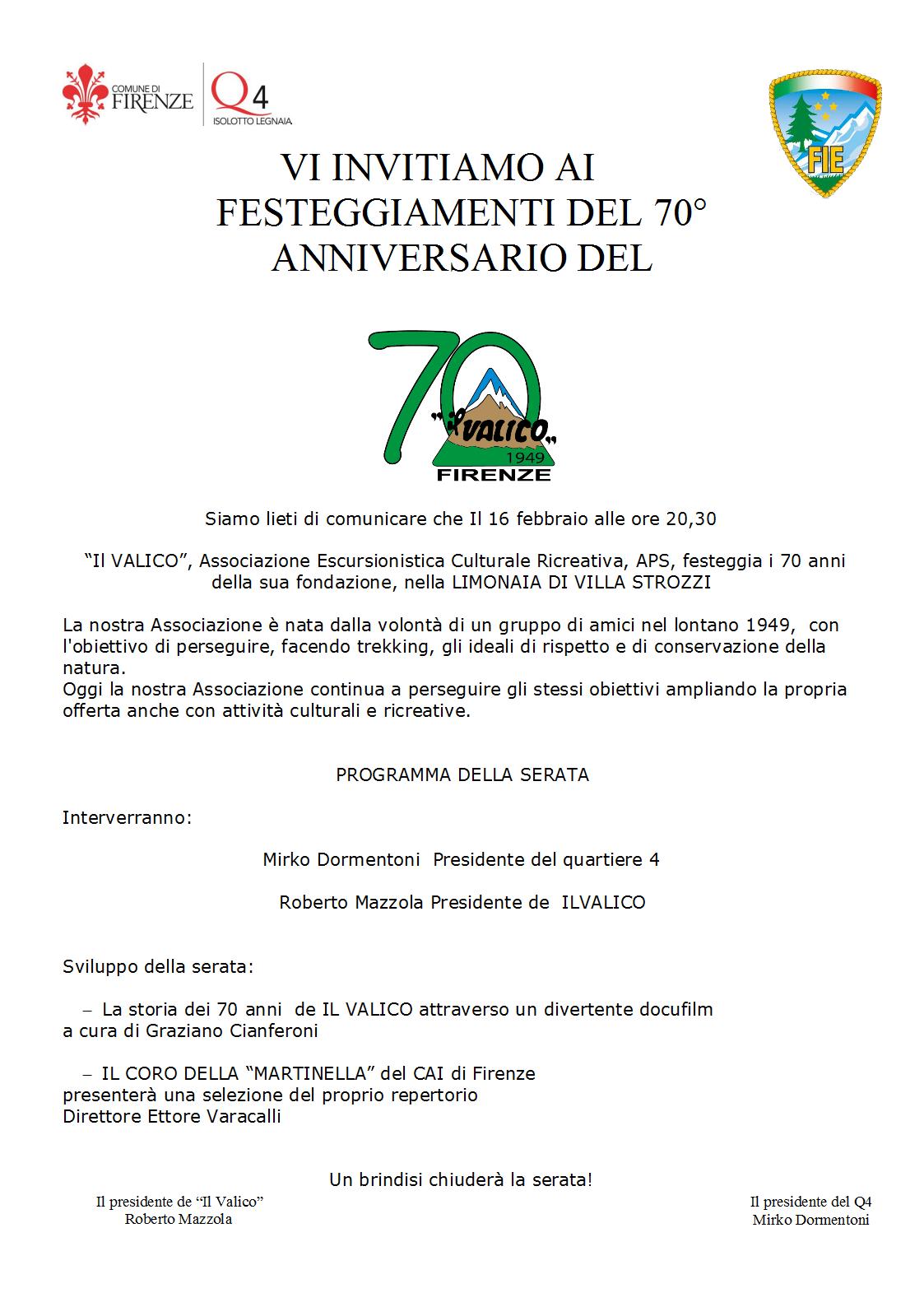 I 70 anni dell’Associazione Il Valico Firenze 1949 I 70 anni dell’Associazione Il Valico Firenze 1949
