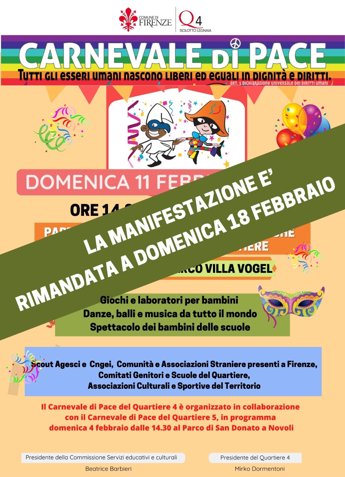Rinviato il Carnevale di Pace al Quartiere 4 Rinviato il Carnevale di Pace al Quartiere 4